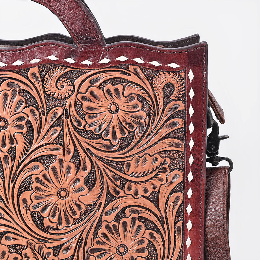 American Darling Briefcase Bag Hand Tooled Floral Carved Buck Stitched Genuine Leather Western Work Bag