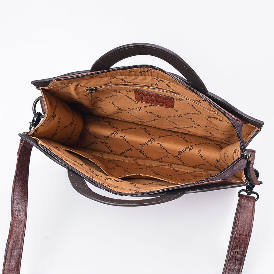 American Darling Briefcase Bag Hand Tooled Floral Carved Buck Stitched Genuine Leather Western Work Bag