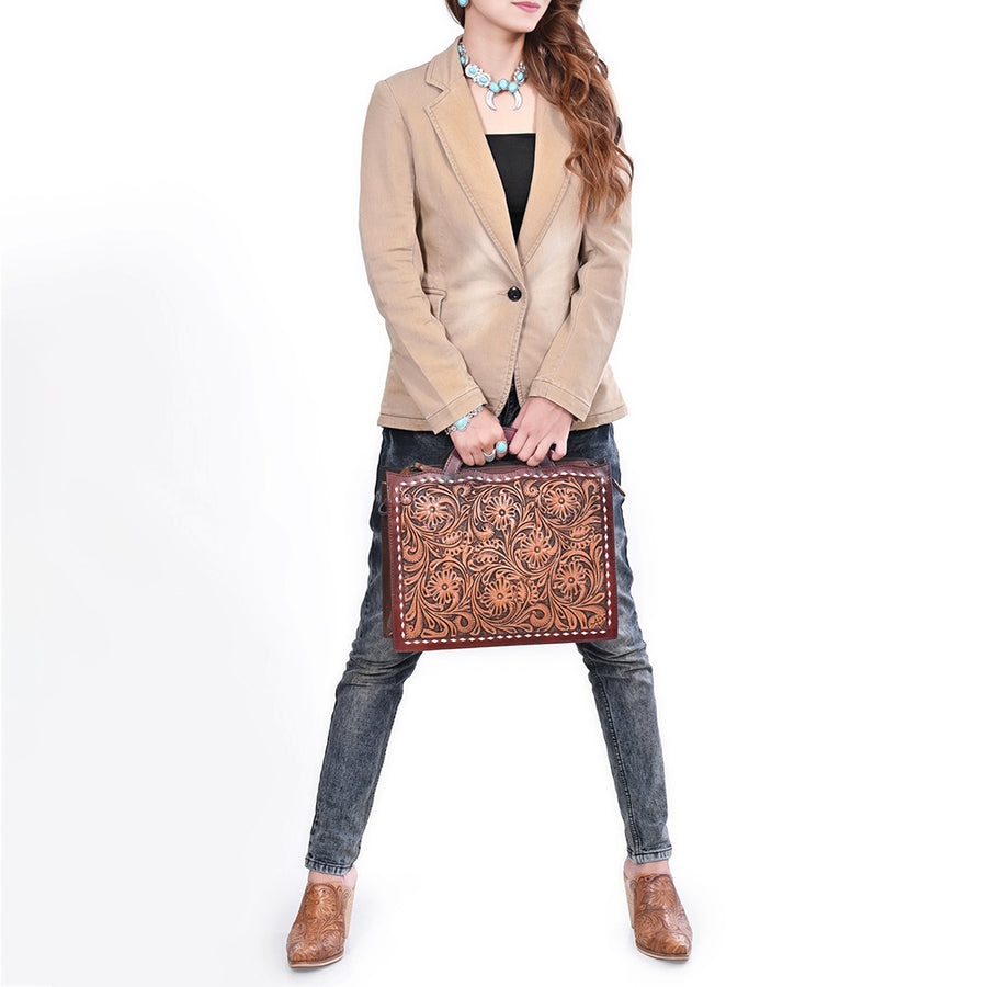 American Darling Briefcase Bag Hand Tooled Floral Carved Buck Stitched Genuine Leather Western Work Bag