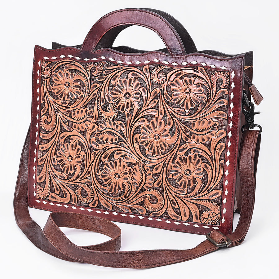 American Darling Hand Tooled Floral Carved Leather Western Briefcase Bag - Uhorse