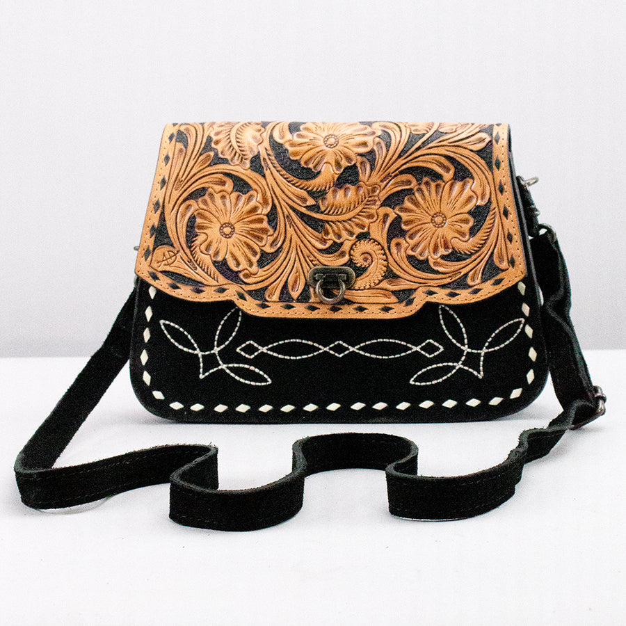 American Darling Cross body Bag Hand Tooled Floral Carved Genuine Suede Leather Western Purse