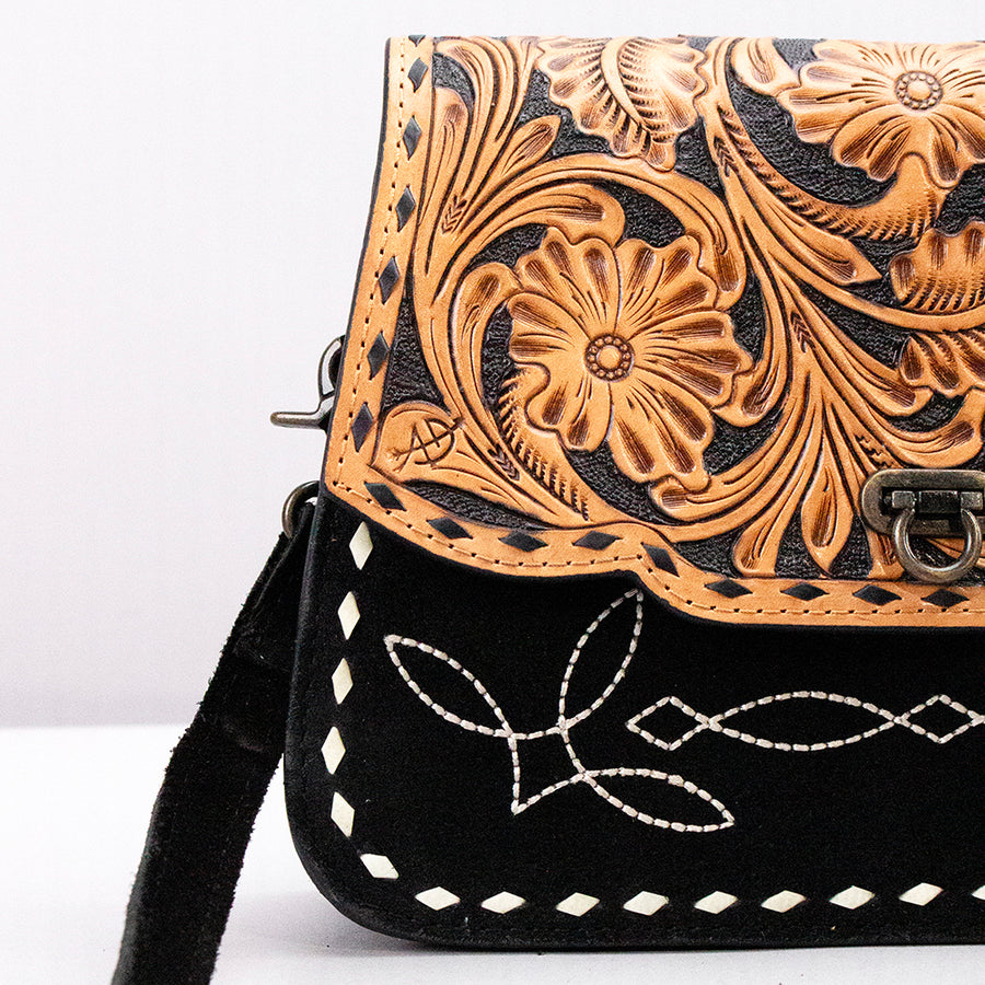American Darling Cross body Bag Hand Tooled Floral Carved Genuine Suede Leather Western Purse