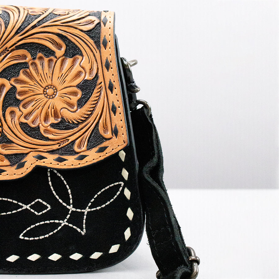American Darling Cross body Bag Hand Tooled Floral Carved Genuine Suede Leather Western Purse