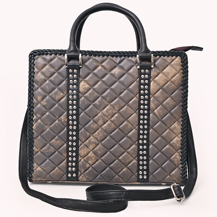 American Darling Tote Bag Western Quilted Genuine Leather Handbag with Riveted Accents Braided Trim and Premium YKK Zipper