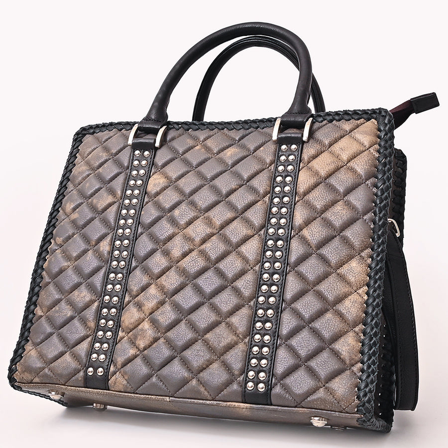 American Darling Tote Bag Western Quilted Genuine Leather Handbag with Riveted Accents Braided Trim and Premium YKK Zipper
