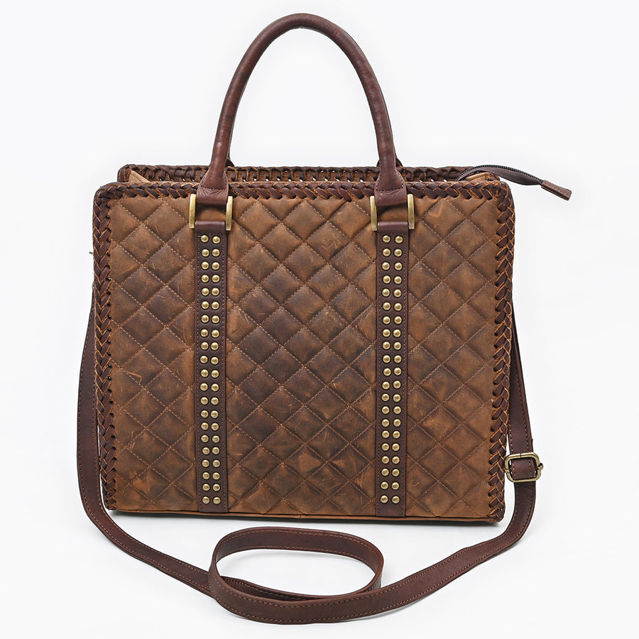 American Darling Tote Bag Western Quilted Genuine Leather Handbag with Riveted Accents Braided Trim and Premium YKK Zipper