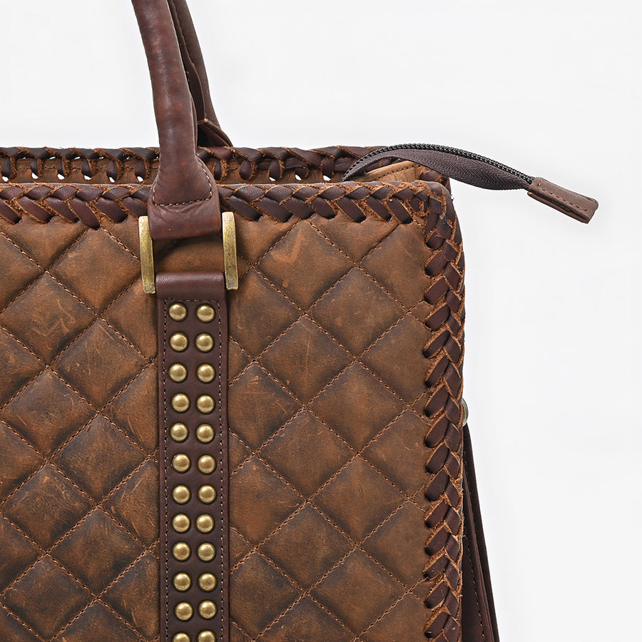 American Darling Tote Bag Western Quilted Genuine Leather Handbag with Riveted Accents Braided Trim and Premium YKK Zipper