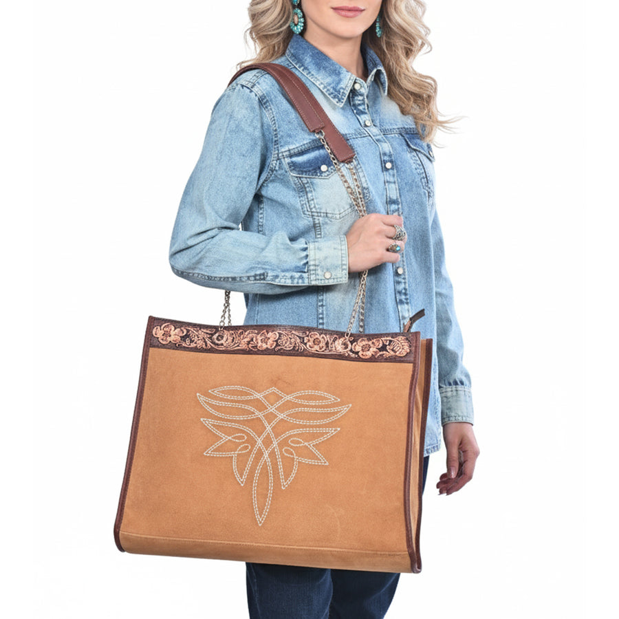 American Darling Tote Bag Hand Tooled Floral Genuine Leather Western Purse with Boot Stitched Detail and YKK Zipper
