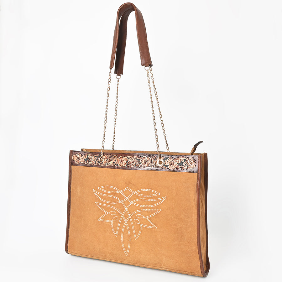 American Darling Hand Tooled Floral Leather Tote Bag with Boot Stitched Detail - Uhorse