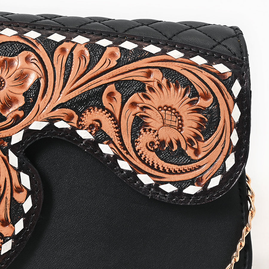 American Darling Quilted Leather Cross body Bag - Hand Tooled Floral Carved Buck Stitched Eco-Friendly Vegetable Tanned Purse