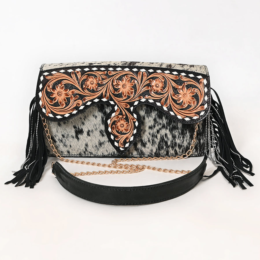 American Darling Hand Tooled Floral Carved Hair-On Cowhide Genuine Leather Cross body Bag with Fringes and YKK Zipper