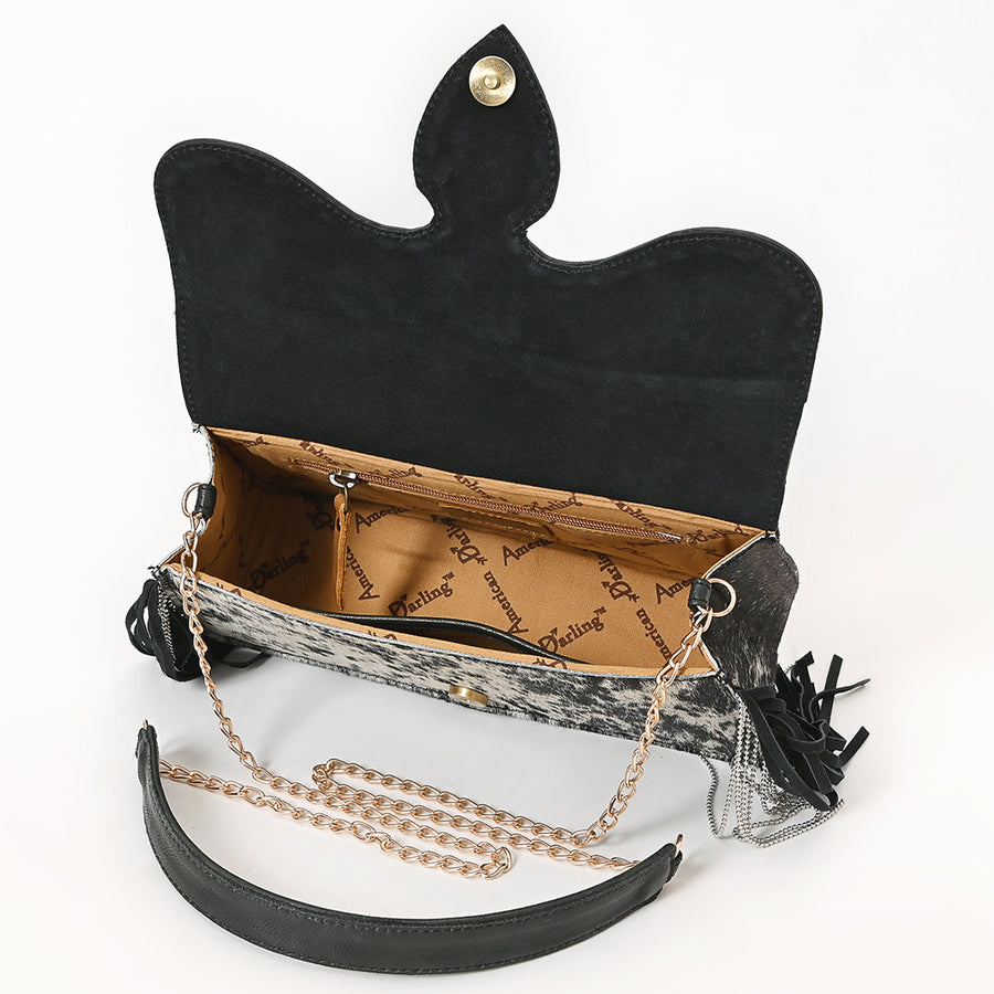 American Darling Hand Tooled Floral Carved Hair-On Cowhide Genuine Leather Cross body Bag with Fringes and YKK Zipper