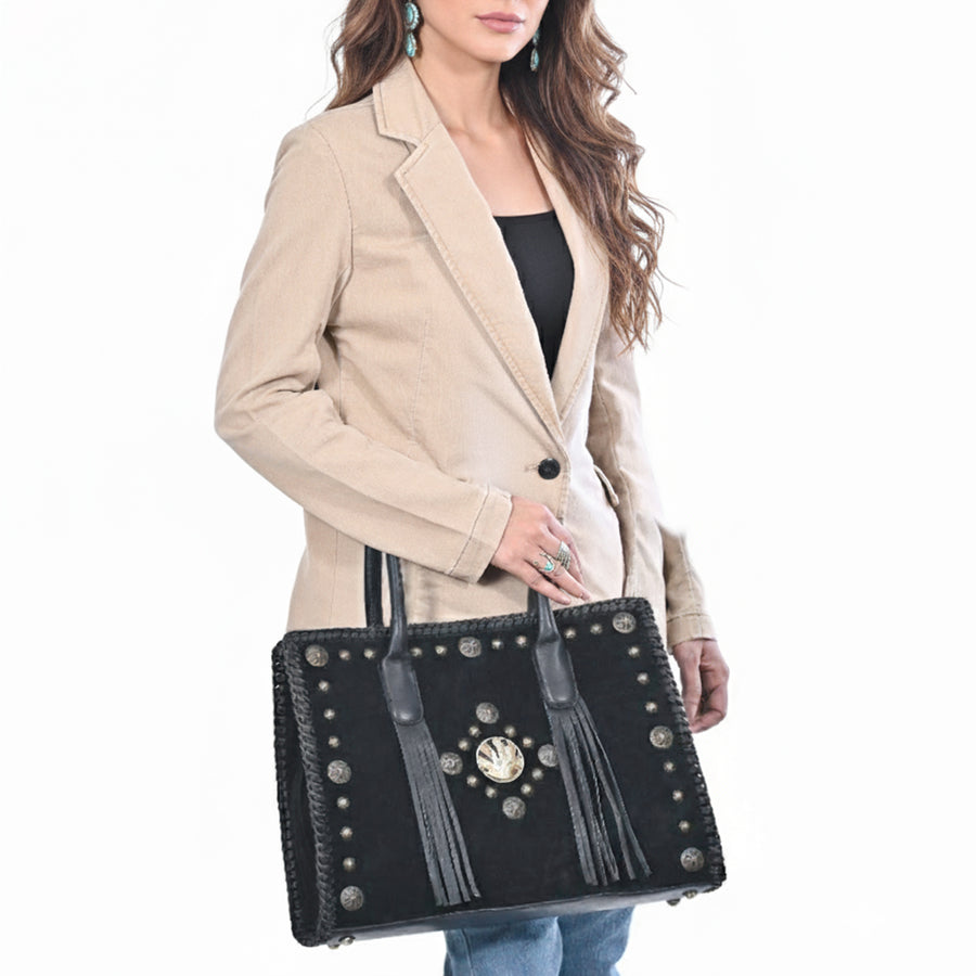 American Darling Tote Bag Western Suede Genuine Leather Handbag with Braided Trim Fringes and YKK Zipper for Women
