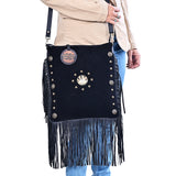 American Darling Large Cross body Bag Western Suede Leather Purse with Fringes Rivets Concho and YKK Zipper for Women