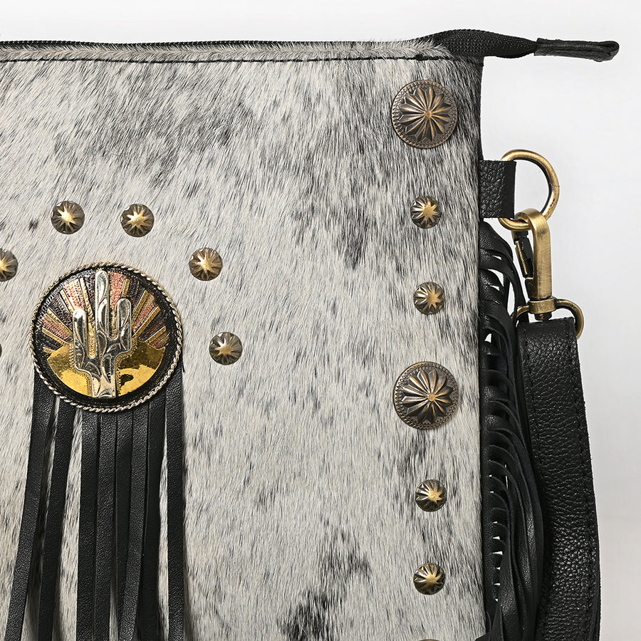 American Darling Hair-On Cowhide Vegetable-Tanned Genuine Leather Cross body Bag with Fringes Concho and YKK Zipper
