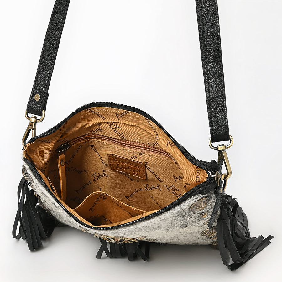 American Darling Hair-On Cowhide Vegetable-Tanned Genuine Leather Cross body Bag with Fringes Concho and YKK Zipper