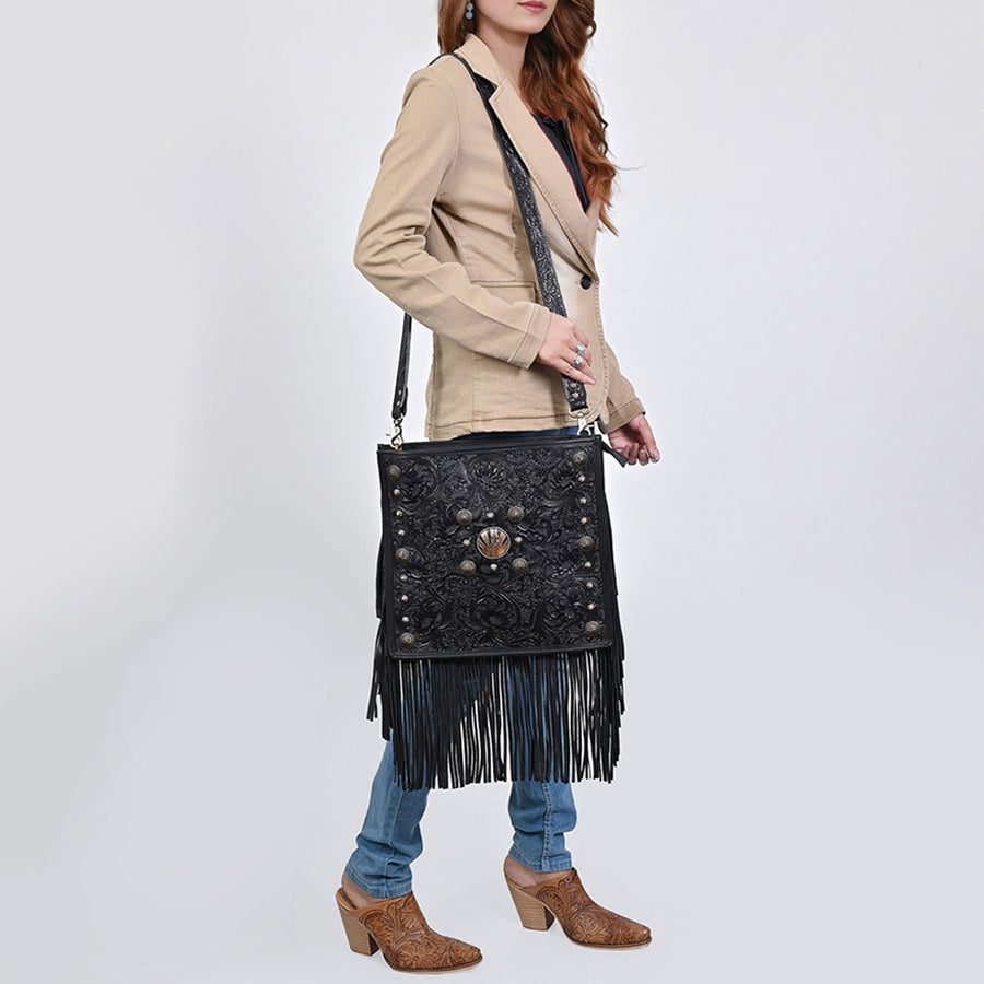 American Darling Hand Tooled Floral Carved Vegetable-Tanned Genuine Leather Cross body Bag with Fringes Concho and YKK Zipper