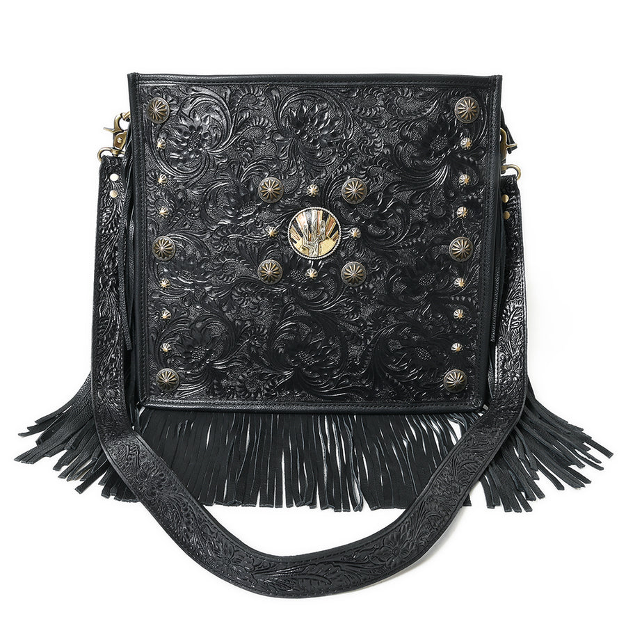 American Darling Hand Tooled Floral Carved Vegetable-Tanned Genuine Leather Cross body Bag with Fringes Concho and YKK Zipper