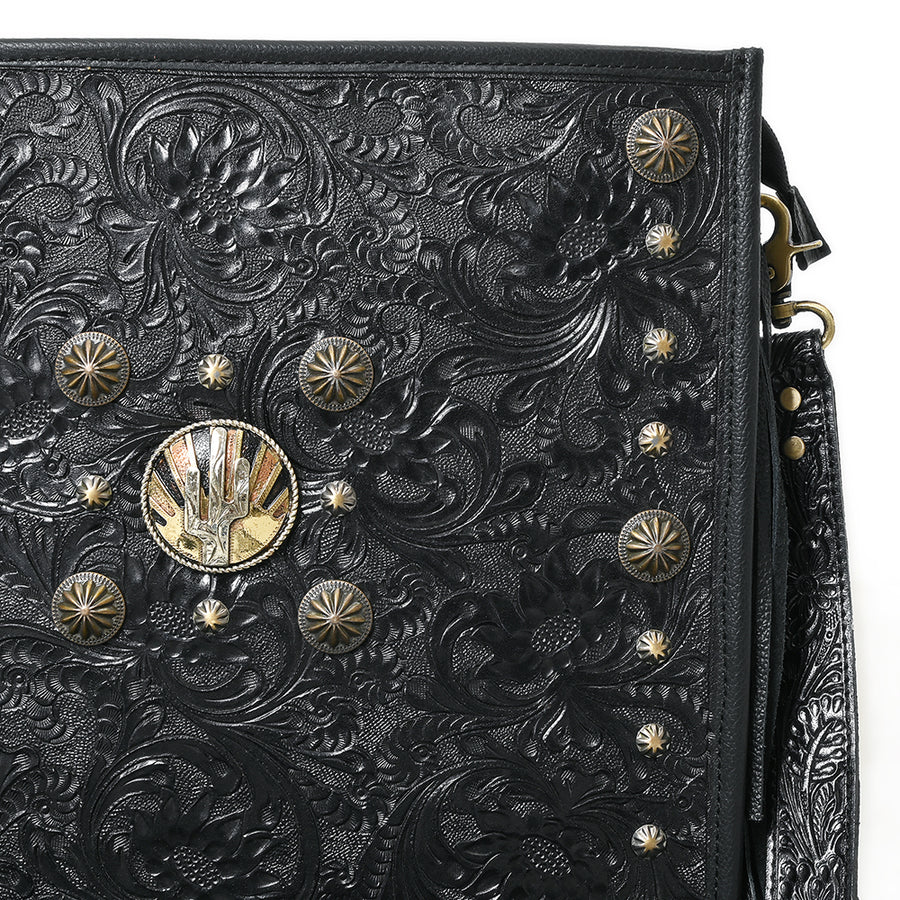 American Darling Hand Tooled Floral Carved Vegetable-Tanned Genuine Leather Cross body Bag with Fringes Concho and YKK Zipper