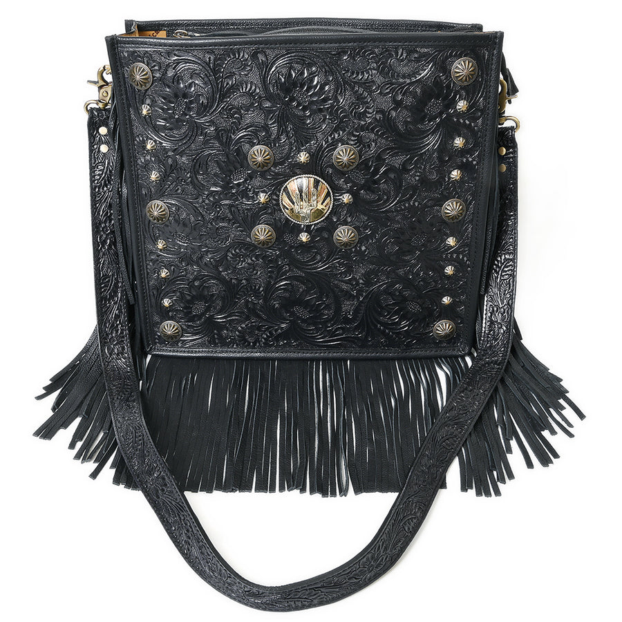 American Darling Hand Tooled Floral Carved Vegetable-Tanned Genuine Leather Cross body Bag with Fringes Concho and YKK Zipper