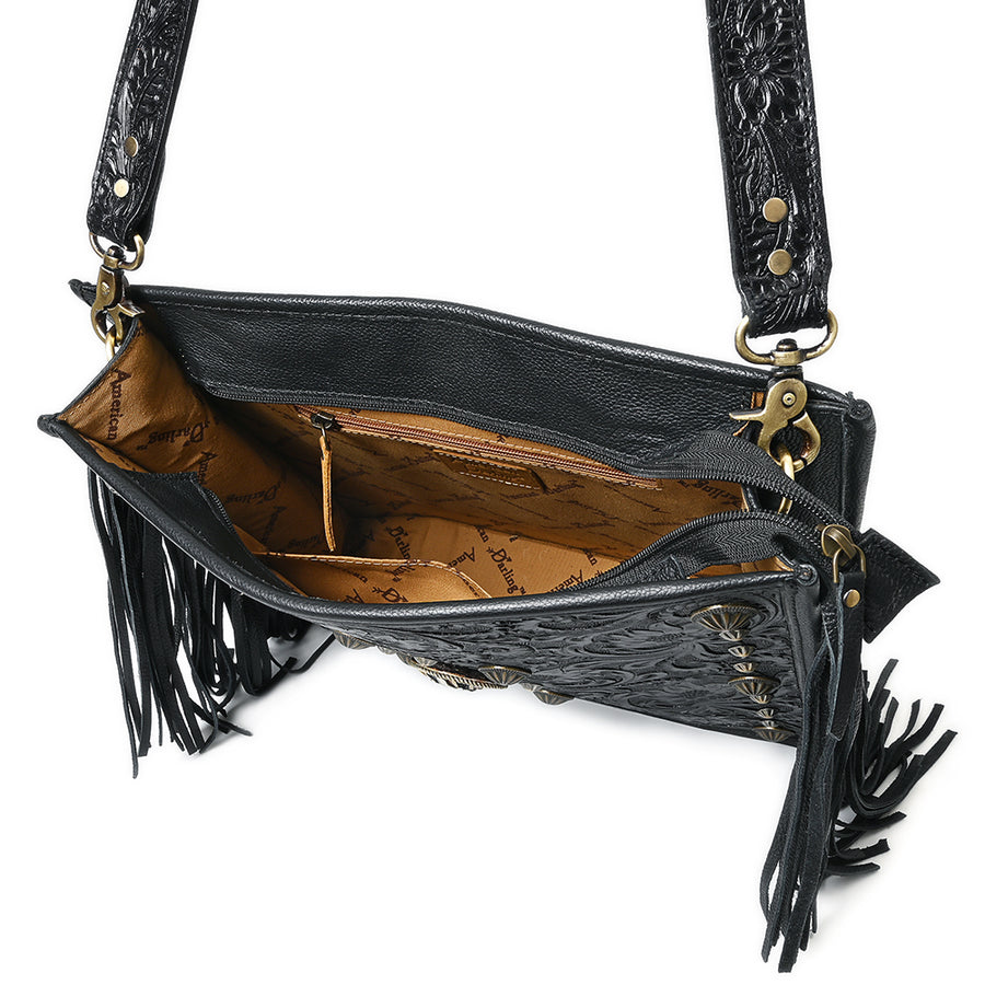 American Darling Hand Tooled Floral Carved Vegetable-Tanned Genuine Leather Cross body Bag with Fringes Concho and YKK Zipper
