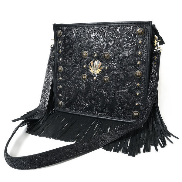 American Darling Hand Tooled Fringed Genuine Leather Cross body Bag - Uhorse