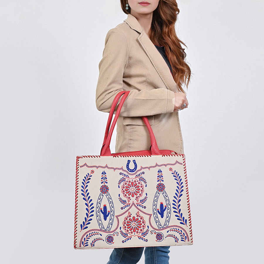 American Darling Embroidered Vegetable-Tanned Genuine Leather Tote Bag with Braided Accents and YKK Zipper