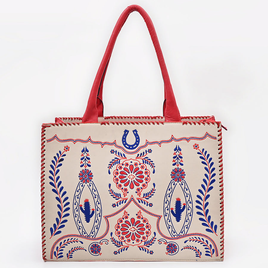 American Darling Embroidered Vegetable-Tanned Genuine Leather Tote Bag with Braided Accents and YKK Zipper