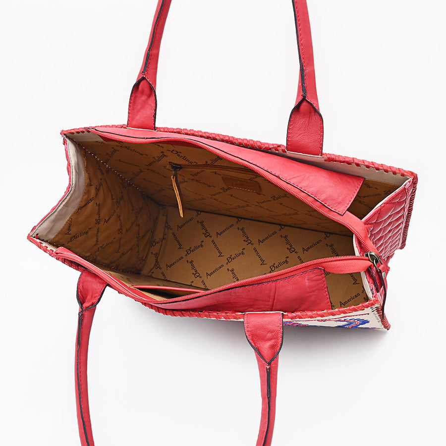 American Darling Embroidered Vegetable-Tanned Genuine Leather Tote Bag with Braided Accents and YKK Zipper