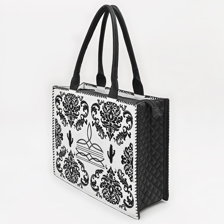 American Darling Embroidered Quilted Vegetable-Tanned Genuine Leather Tote Bag with YKK Zipper and Compartments