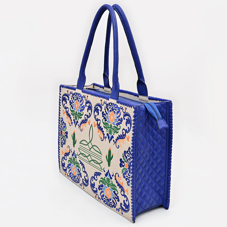 American Darling Western Tote Bag, Embroidered Canvas with Vegetable-Tanned Genuine Leather Trim, Large Boho Handbag for Women