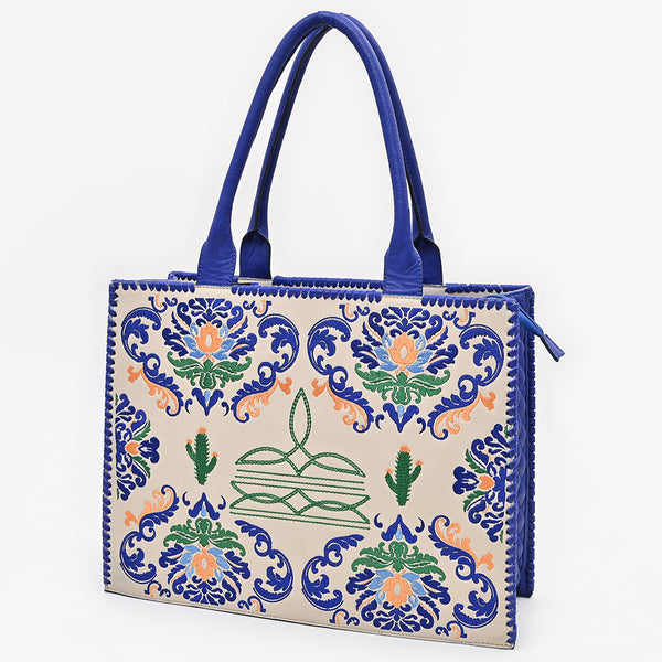 American Darling Western Embroidered Leather Tote Bag - Blue Accents and Handcrafted Detail - Uhorse
