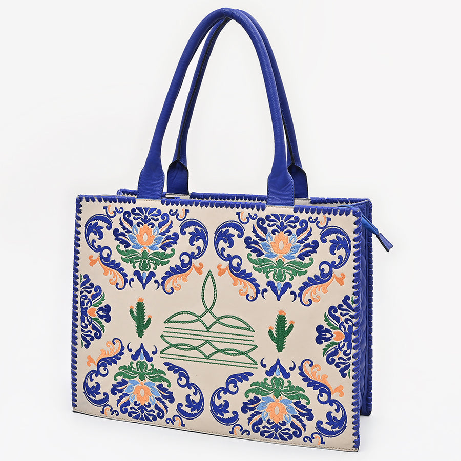 American Darling Western Embroidered Leather Tote Bag - Blue Accents and Handcrafted Detail - Uhorse