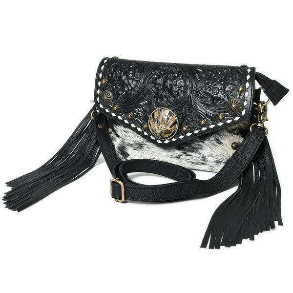 American Darling Hand Tooled Floral Cross body Bag with Hair-On Cowhide and Fringes - Uhorse
