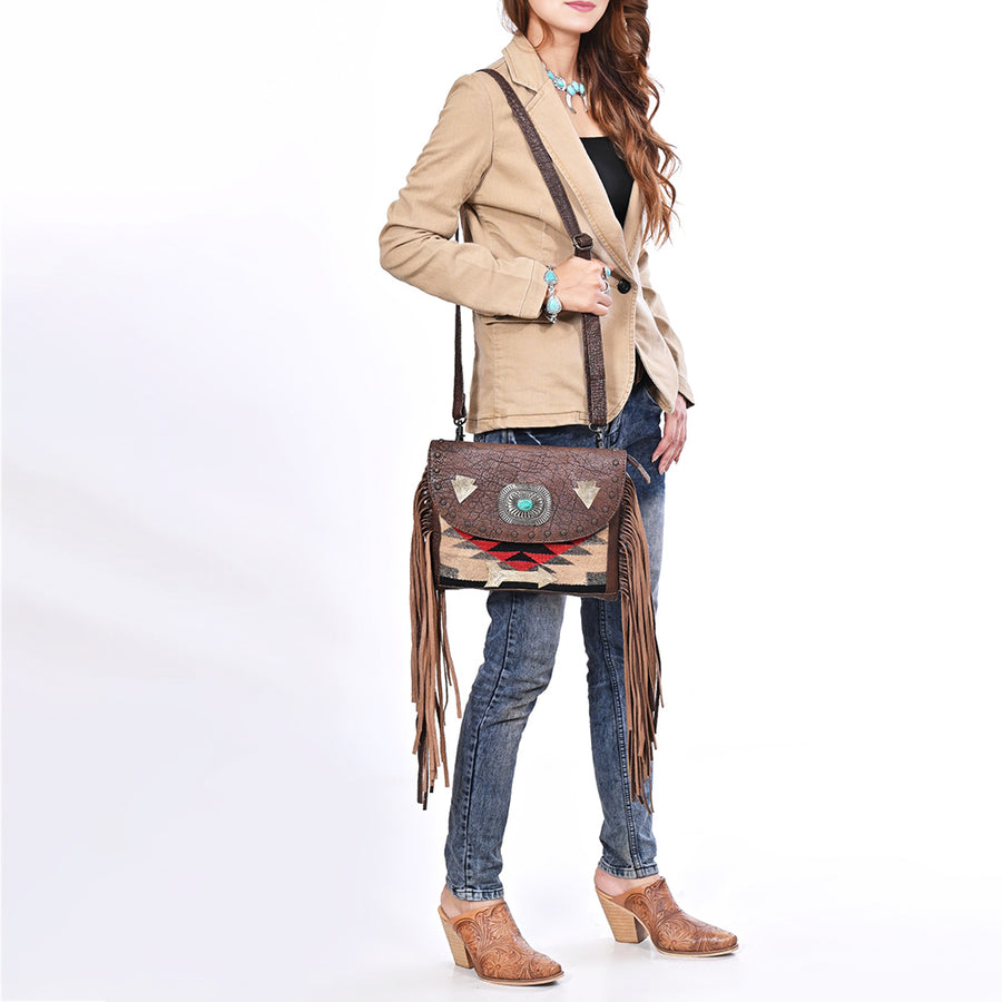 American Darling Cross body Bag Hand Woven Saddle Blanket Fringed Genuine Leather Western Purse with Concho