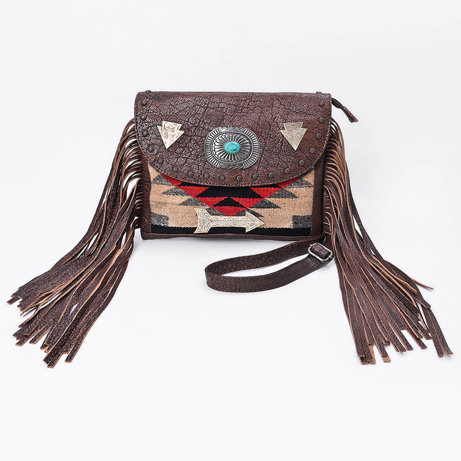 American Darling Cross body Bag Hand Woven Saddle Blanket Fringed Genuine Leather Western Purse with Concho