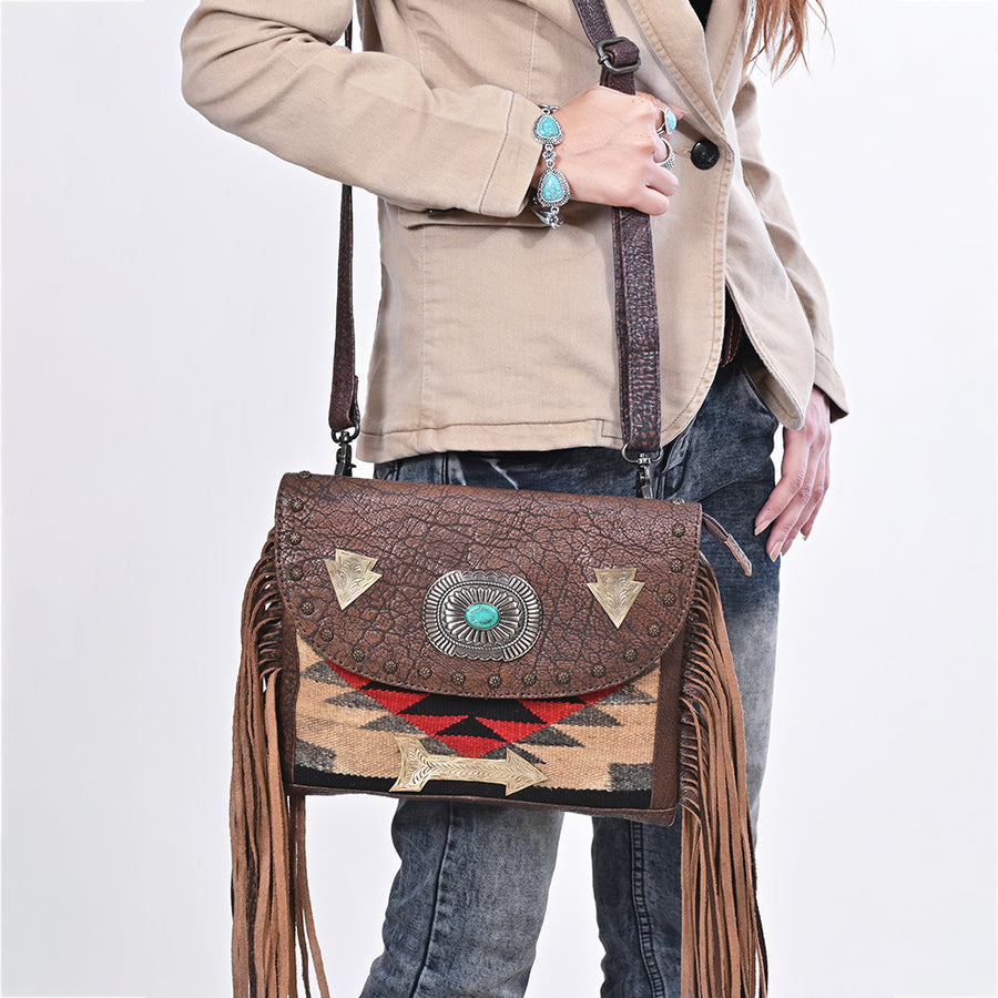American Darling Cross body Bag Hand Woven Saddle Blanket Fringed Genuine Leather Western Purse with Concho