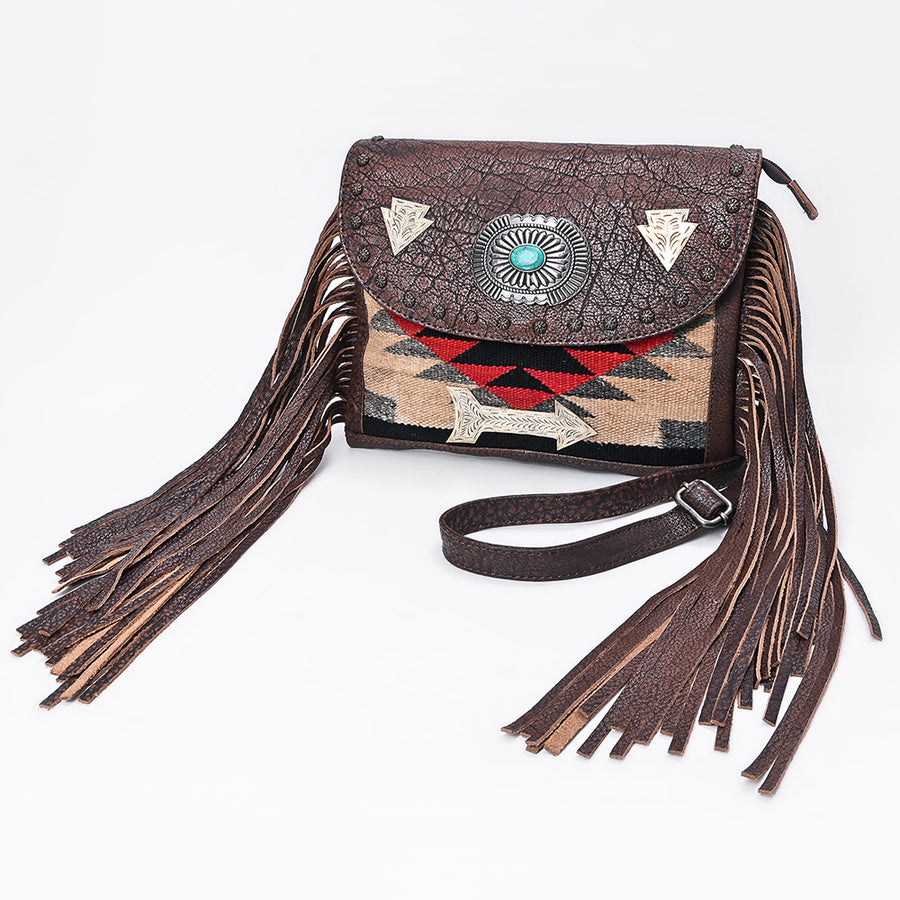 American Darling Hand Woven Saddle Blanket and Fringed Leather Western Cross body Bag - Uhorse