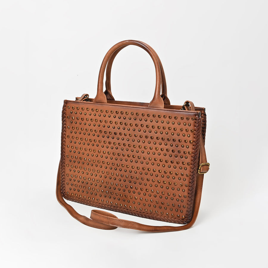 American Darling Studded Leather Tote Bag with Dual Handles and Adjustable Strap - Uhorse