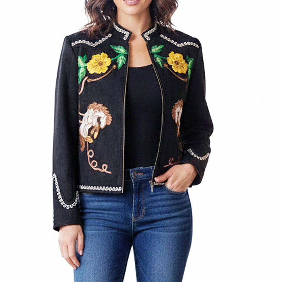 Black embroidered western jacket with floral design - Uhorse