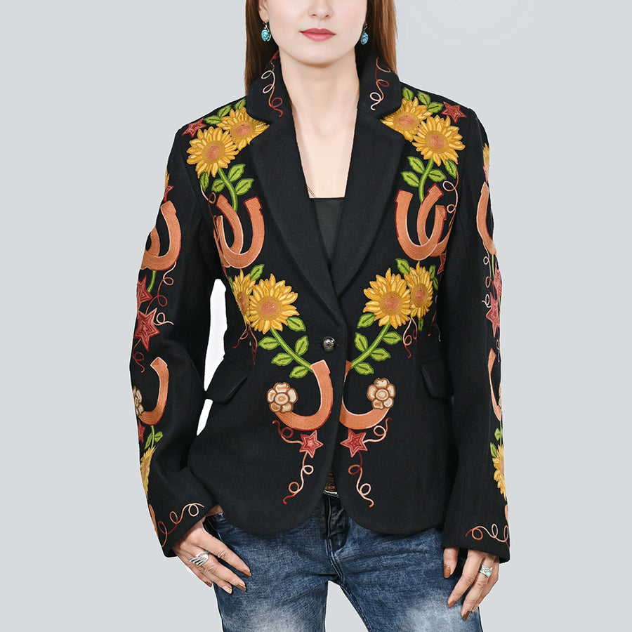 American Darling Women's Embroidered Sunflower Blazer | Horseshoe Western Boho Fabric Jacket - Uhorse
