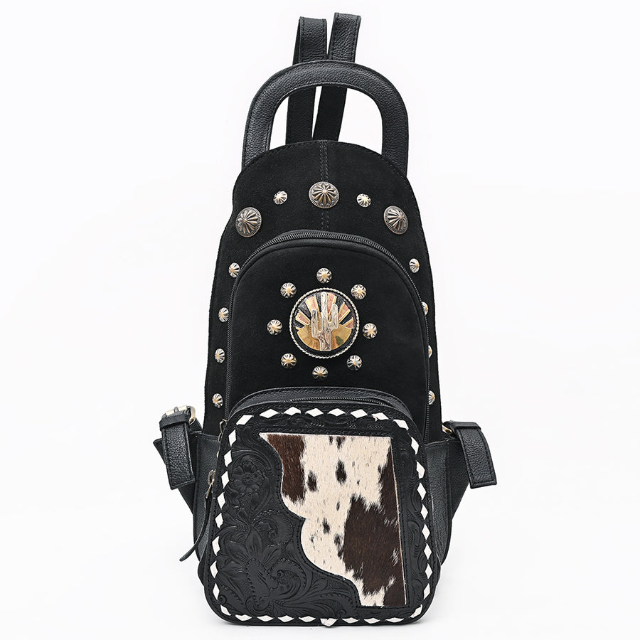 American Darling Sling Bag for Women, Hand Tooled Floral Leather & Genuine Suede, Hair-on Cowhide with Conchos, Western Backpack