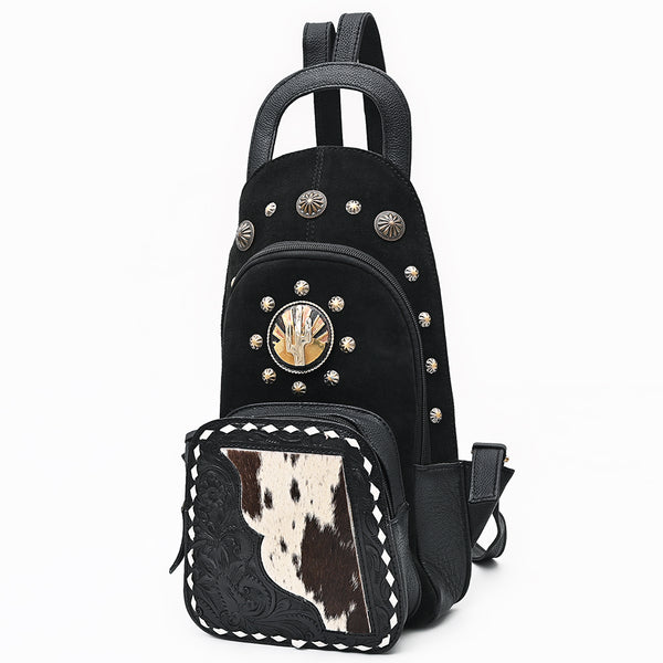 American Darling Western Sling Bag - Hand Tooled Floral Leather and Hair-on Cowhide - Uhorse