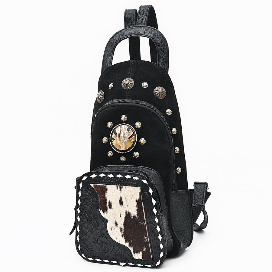 American Darling Western Sling Bag - Hand Tooled Floral Leather and Hair-on Cowhide - Uhorse