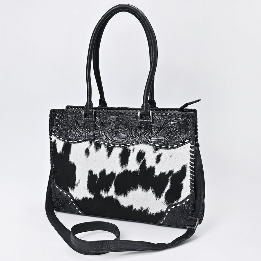 American Darling Hand Tooled Floral and Hair-On Cowhide Western Leather Tote Bag - Uhorse