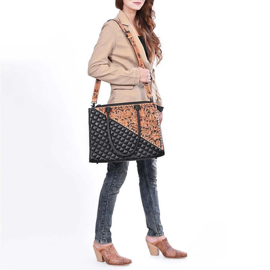 American Darling Tote Bag Hand Tooled Floral Carved Quilted Genuine Leather Western Purse for Women