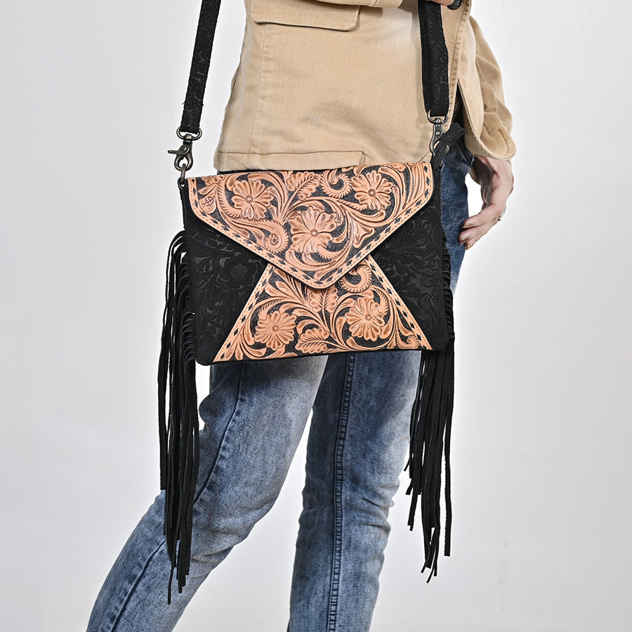 American Darling Envelop Bag Hand Tooled Floral Carved Damascus Genuine Leather Western Crossbody with Fringes