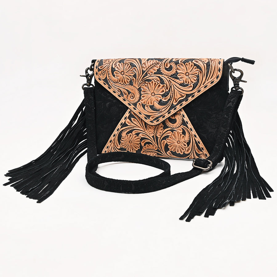American Darling Hand Tooled Floral Envelop Bag with Fringes and Damascus Detailing - Uhorse