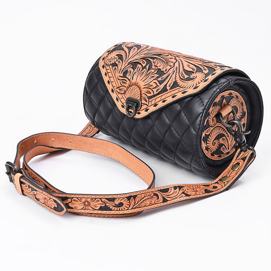 American Darling Cross body Bag Hand Tooled Floral Carved Quilted Genuine Leather Western Barrel Bag