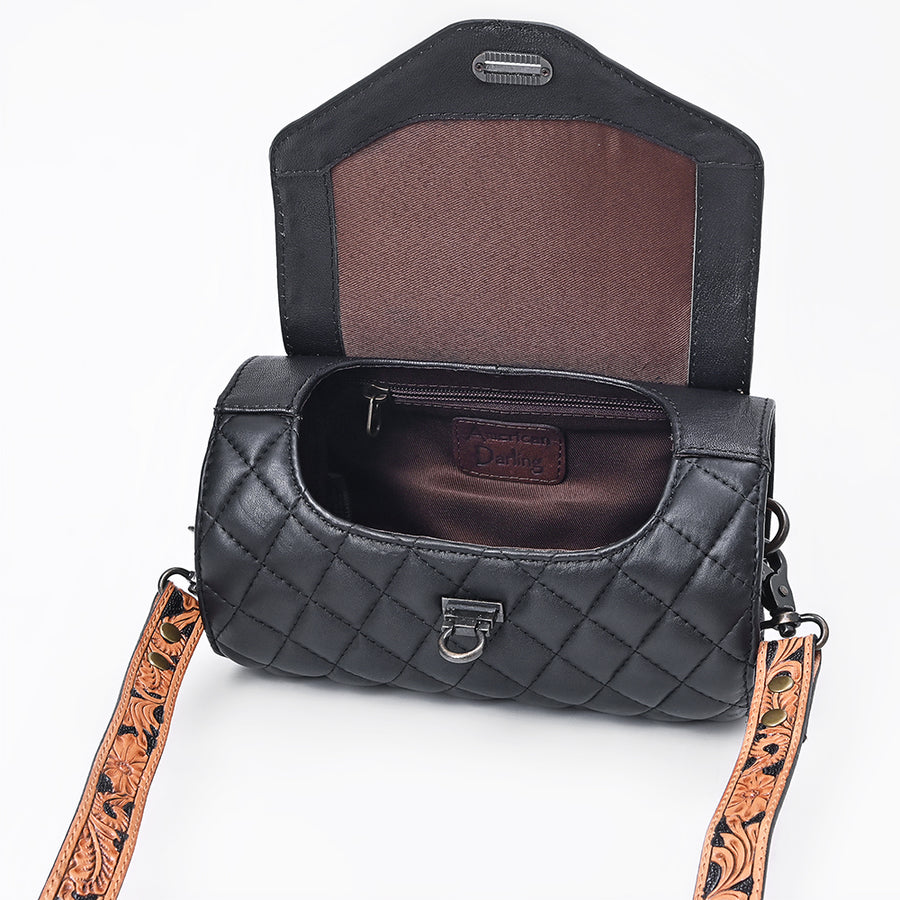 American Darling Cross body Bag Hand Tooled Floral Carved Quilted Genuine Leather Western Barrel Bag